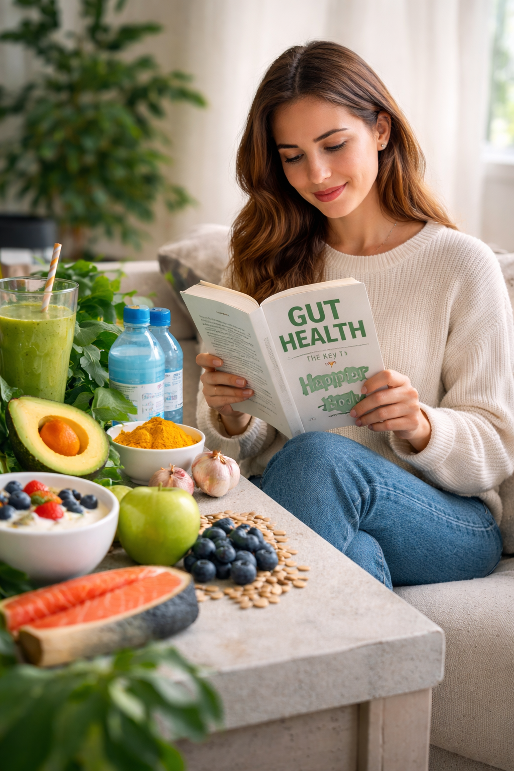 Woman reading Gut Health book with healthy food